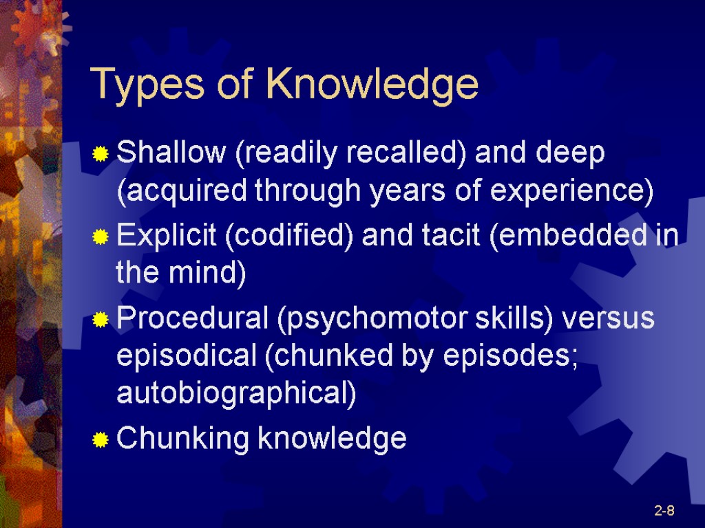 2-8 Types of Knowledge Shallow (readily recalled) and deep (acquired through years of experience)
